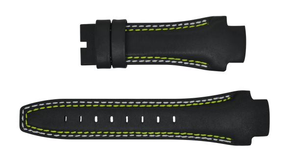 Phantom 49mm Black Leather Strap (Green & White Stitch)